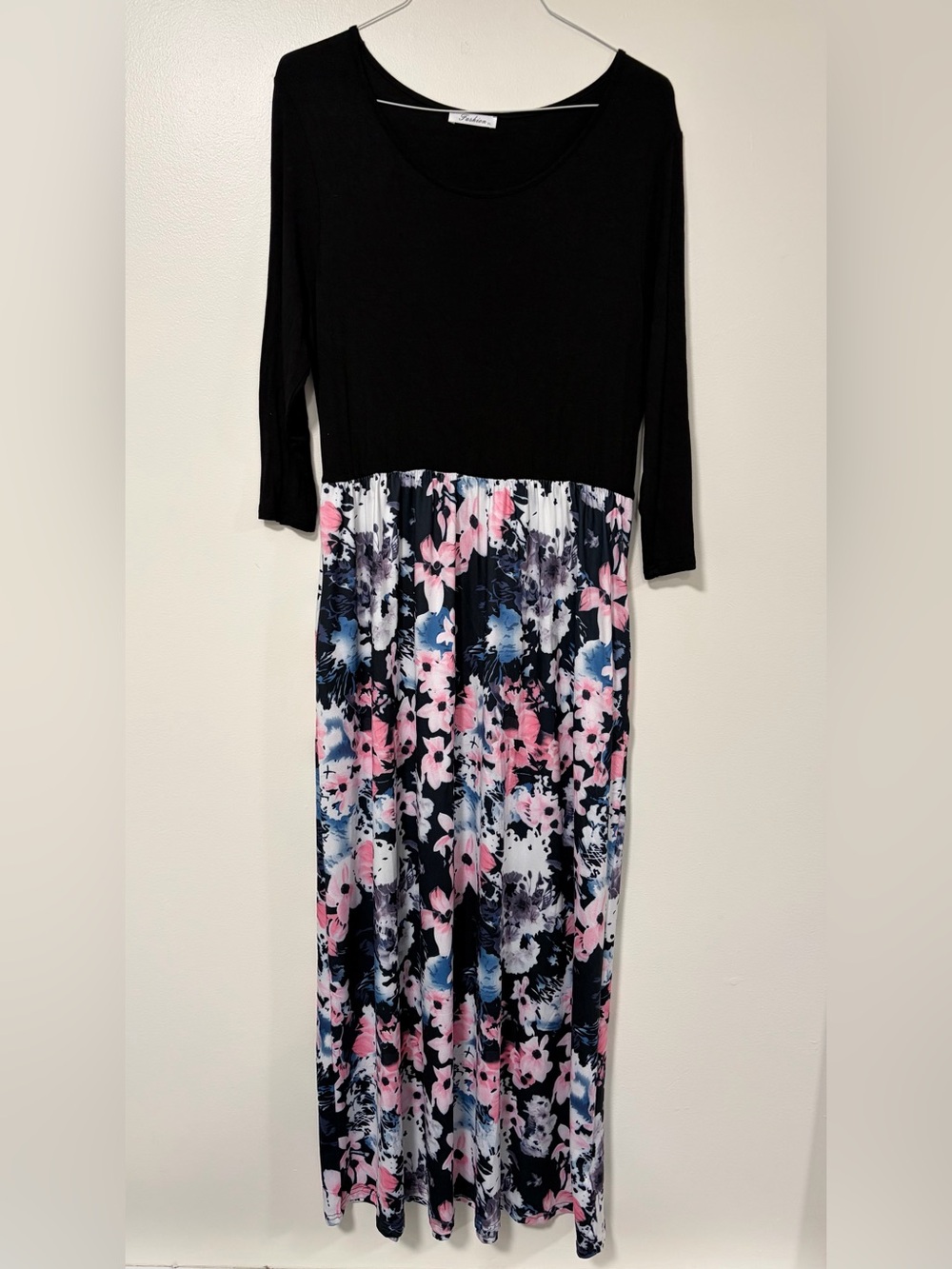 NWOT- Black Bodice Floral Maxi Dress with Pink and Blue Accents
